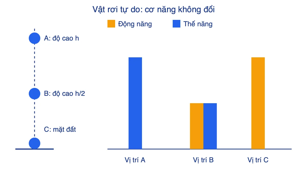 Vật rơi từ độ cao h: biểu đồ cột động năng và thế năng tại ba vị trí A, B, C