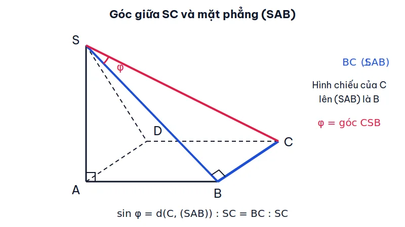 Hình chóp S.ABCD có SA vuông góc với đáy; cạnh BC vuông góc với mặt phẳng SAB nên góc giữa SC và mặt phẳng SAB là góc CSB, kí hiệu φ