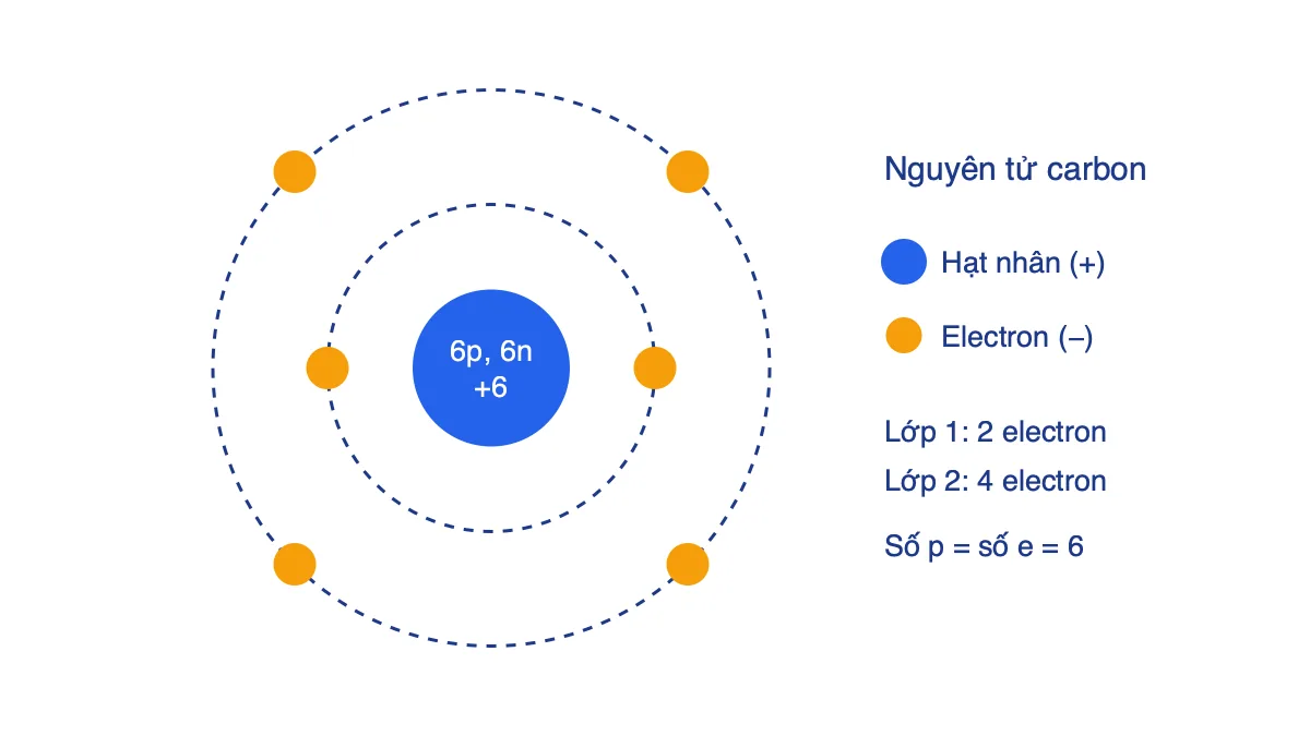 Mô hình nguyên tử carbon gồm hạt nhân 6 proton, 6 neutron và 6 electron xếp thành 2 lớp