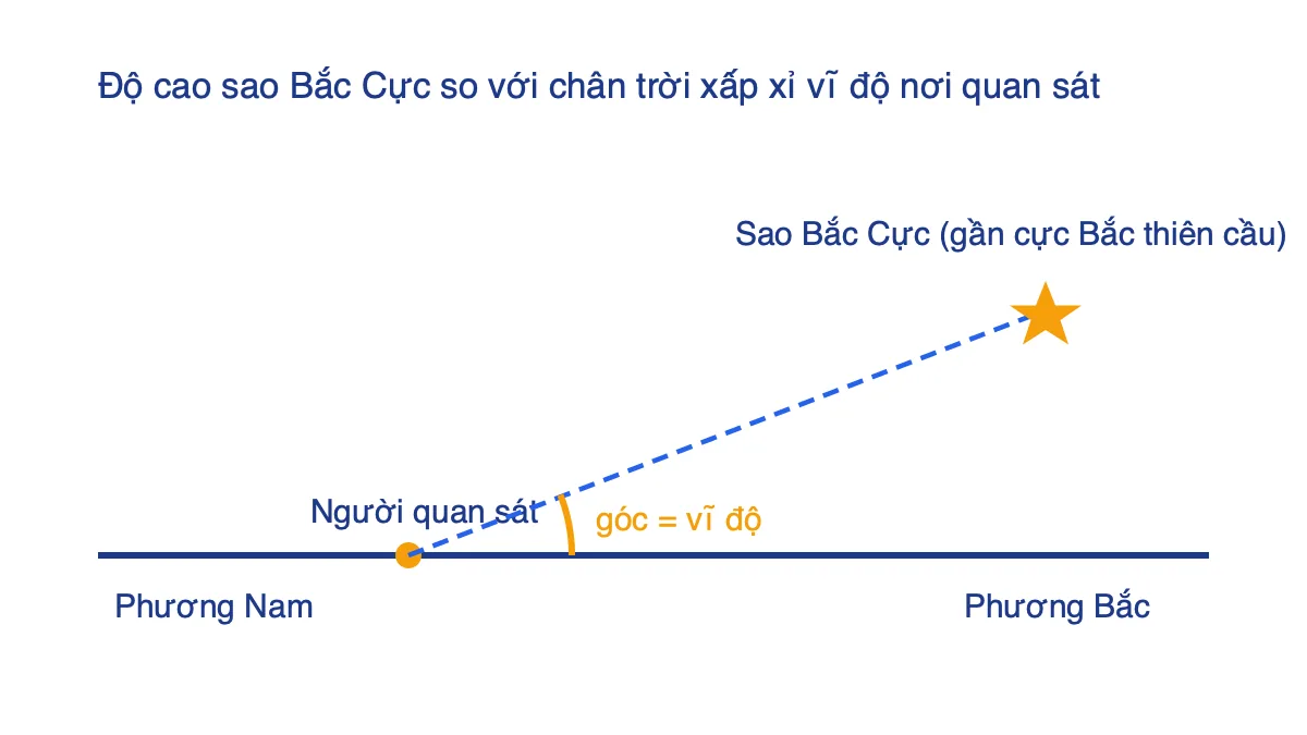 Sơ đồ độ cao sao Bắc Cực so với chân trời bằng vĩ độ nơi quan sát