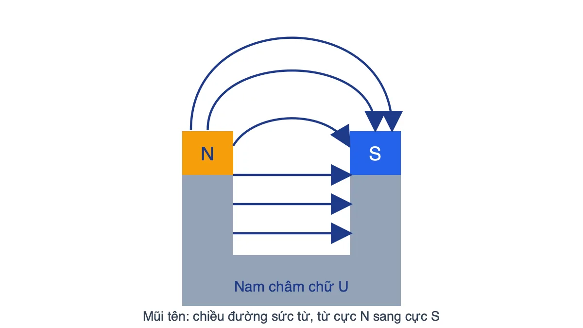 Các đường sức từ của nam châm chữ U: song song giữa hai nhánh, cong bên ngoài, chiều từ cực N sang cực S