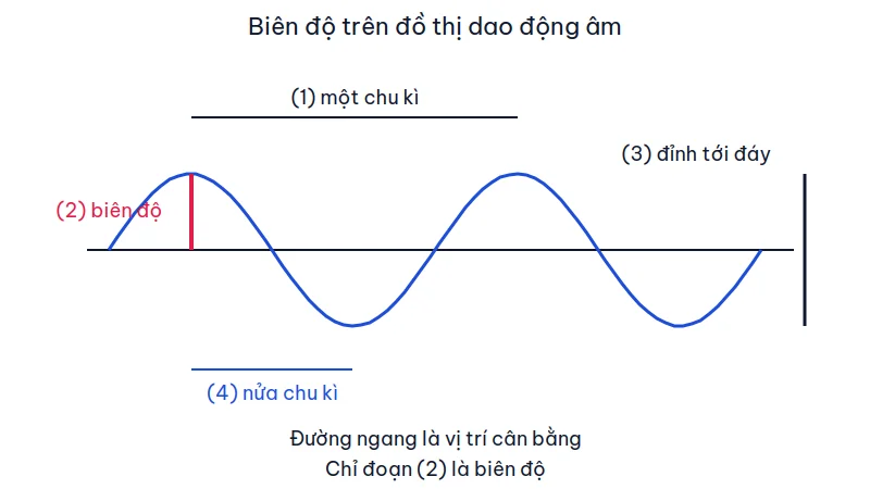 Đồ thị sóng âm với bốn đoạn: chu kì, biên độ, đỉnh tới đáy và nửa chu kì