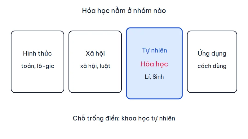 Bốn nhóm khoa học: hình thức, xã hội, tự nhiên và ứng dụng; hóa học nằm trong khoa học tự nhiên cùng vật lí và sinh học