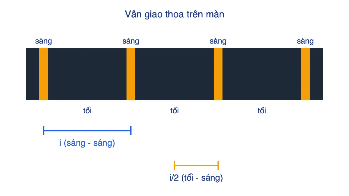 Sơ đồ vân sáng và vân tối xen kẽ trên màn, khoảng cách hai vân sáng liên tiếp là i, vân sáng đến vân tối liền kề là i/2