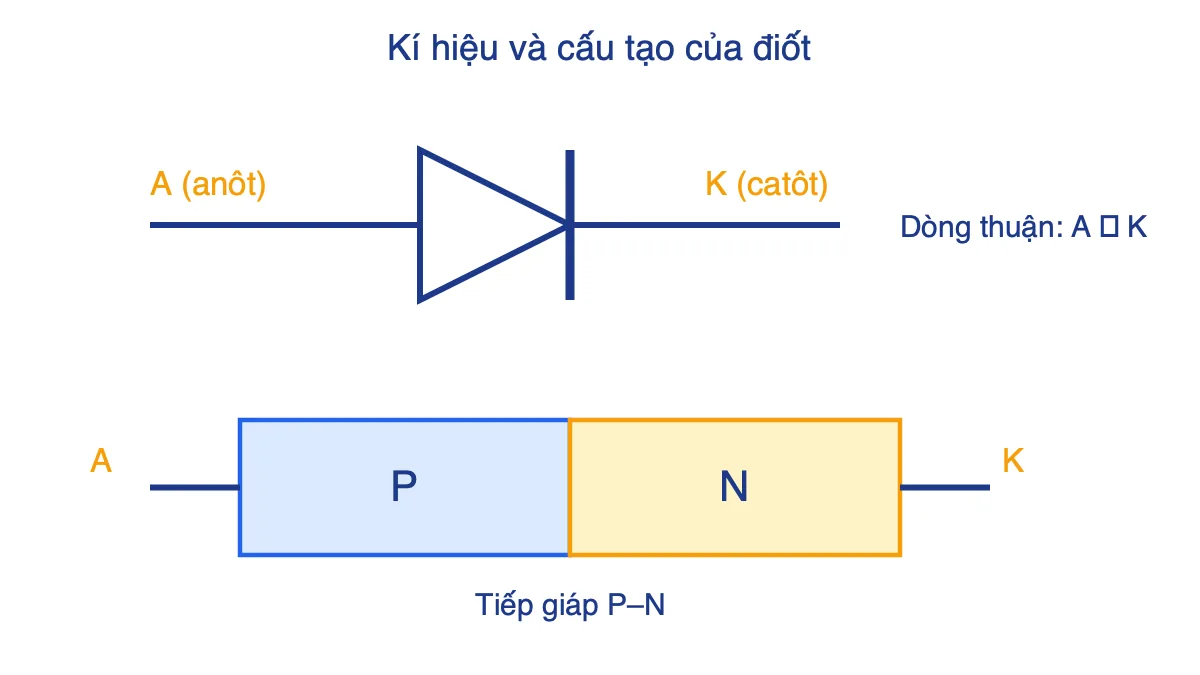 Kí hiệu điốt với hai cực A và K, cùng sơ đồ cấu tạo hai lớp bán dẫn P và N