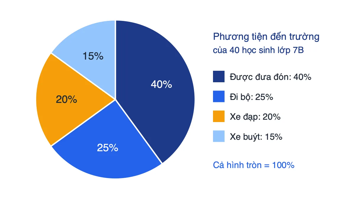 Biểu đồ hình quạt tròn phương tiện đến trường của 40 học sinh lớp 7B: được đưa đón 40%, đi bộ 25%, xe đạp 20%, xe buýt 15%