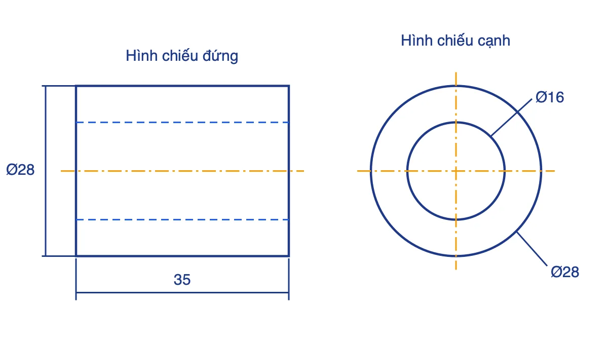 Bản phác ống lót với hình chiếu đứng, hình chiếu cạnh và các kích thước Ø28, Ø16, 35
