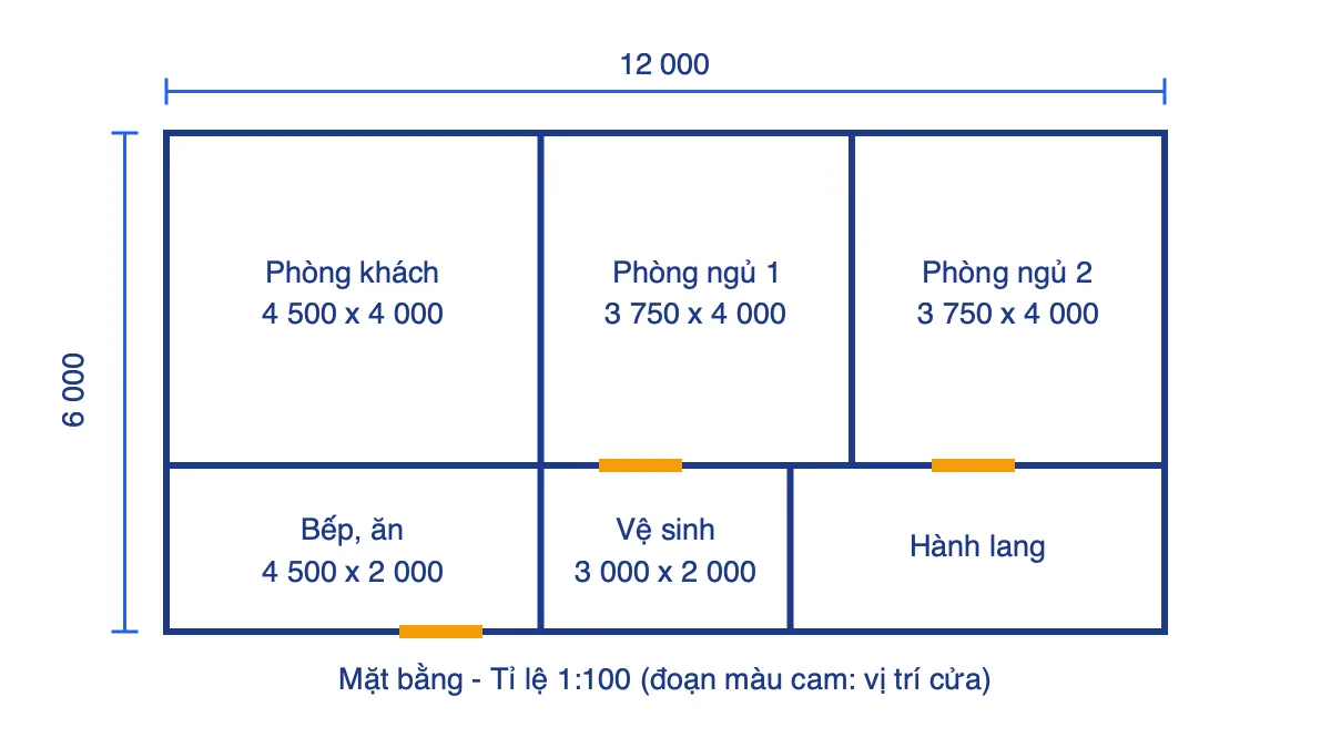 Mặt bằng nhà một tầng tỉ lệ 1:100 gồm phòng khách, hai phòng ngủ, bếp, vệ sinh, hành lang