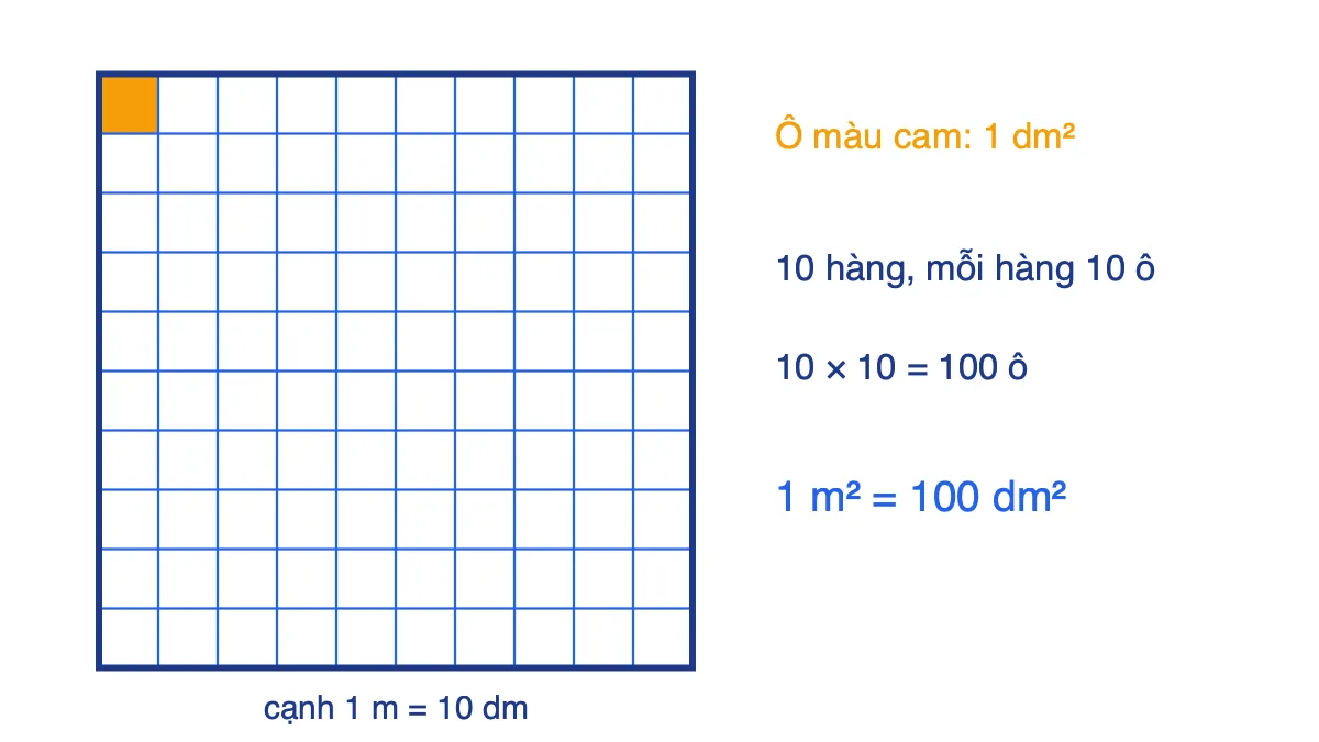 Hình vuông cạnh 1 m chia lưới 10 nhân 10 ô, mỗi ô là 1 dm vuông