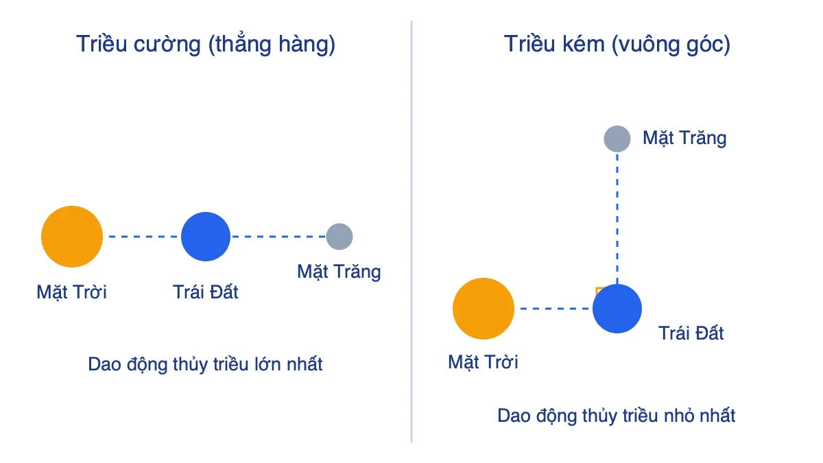 Sơ đồ vị trí Mặt Trời, Trái Đất, Mặt Trăng khi triều cường (thẳng hàng) và triều kém (vuông góc)