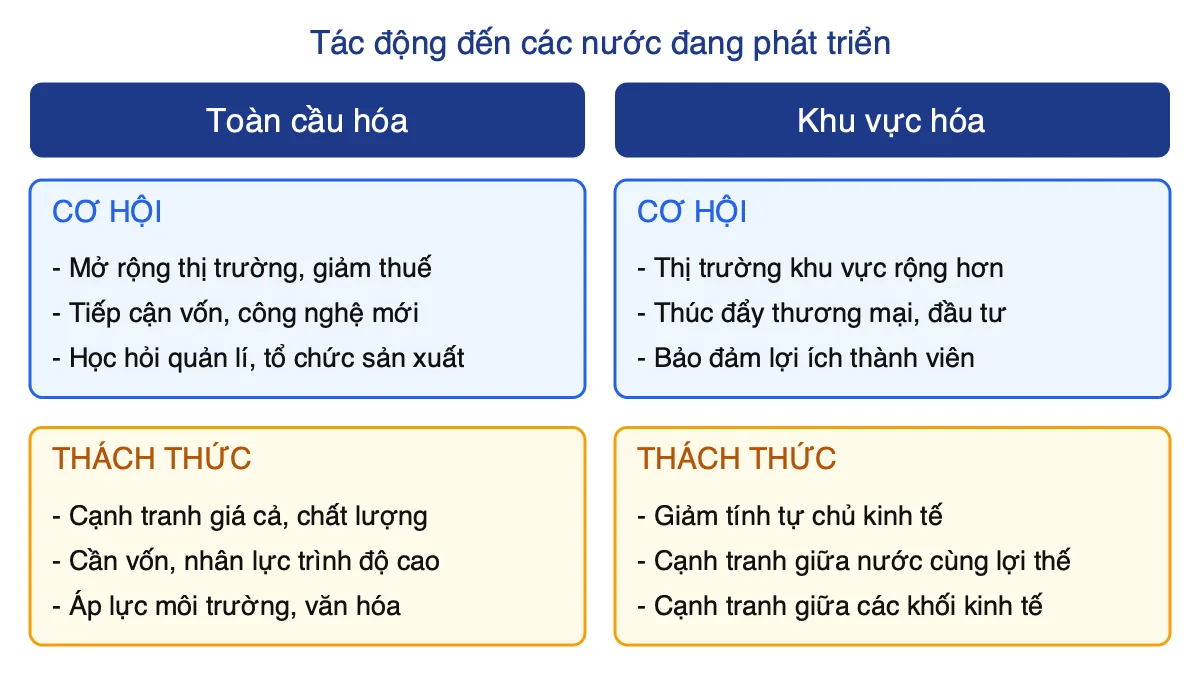 Sơ đồ tóm tắt cơ hội và thách thức của toàn cầu hóa và khu vực hóa đối với các nước đang phát triển