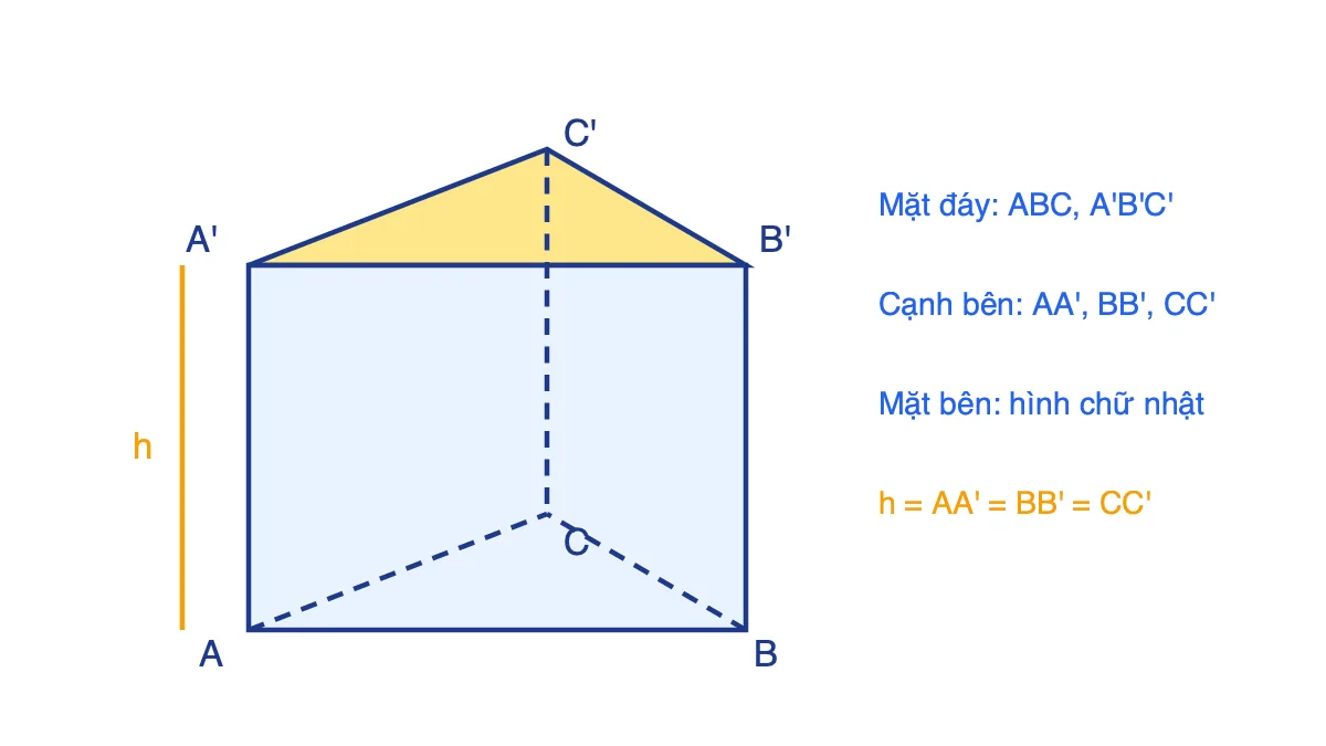 Hình lăng trụ đứng tam giác ABC.A'B'C' với các mặt đáy, mặt bên, cạnh bên và chiều cao h