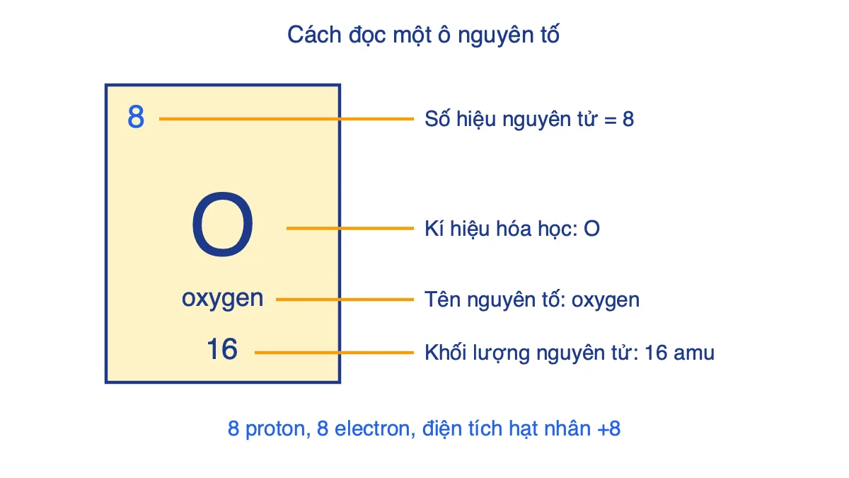 Ô nguyên tố oxygen với số hiệu nguyên tử 8, kí hiệu O, tên oxygen, khối lượng nguyên tử 16 amu