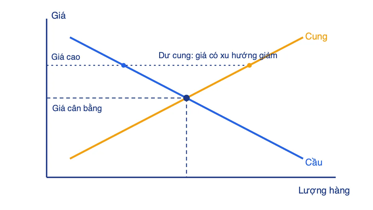 Đồ thị cung cầu: đường cầu dốc xuống, đường cung dốc lên, giao nhau tại giá cân bằng; giá cao hơn cân bằng thì dư cung