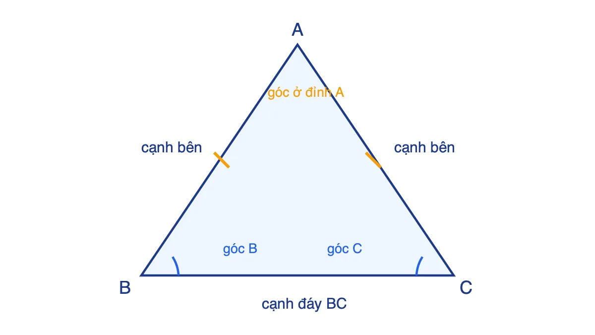 Tam giác ABC cân tại A với AB bằng AC, hai góc ở đáy B và C bằng nhau