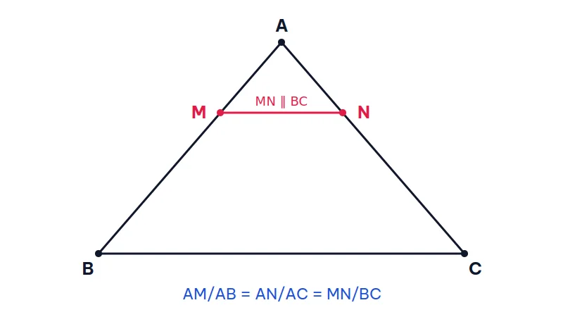 Tam giác ABC có đoạn thẳng MN song song với cạnh BC, M nằm trên AB, N nằm trên AC, kèm tỉ lệ AM/AB = AN/AC = MN/BC của định lí Thalès