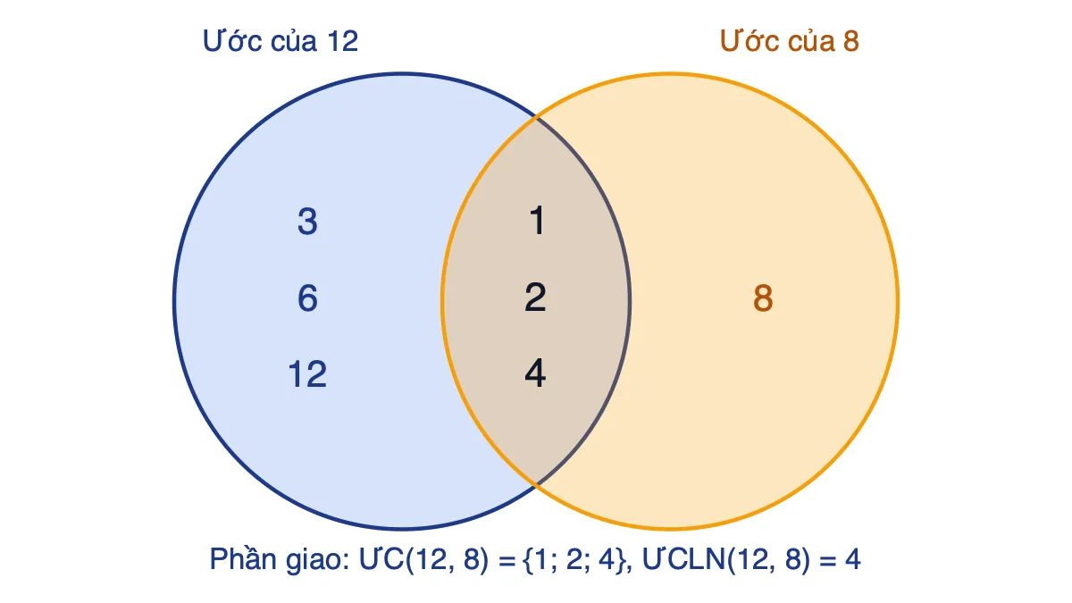 Sơ đồ Venn các ước của 12 và 8, phần giao gồm 1, 2, 4