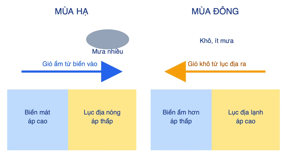Sơ đồ gió mùa mùa hạ thổi từ biển vào lục địa gây mưa và gió mùa mùa đông thổi từ lục địa ra biển, khô