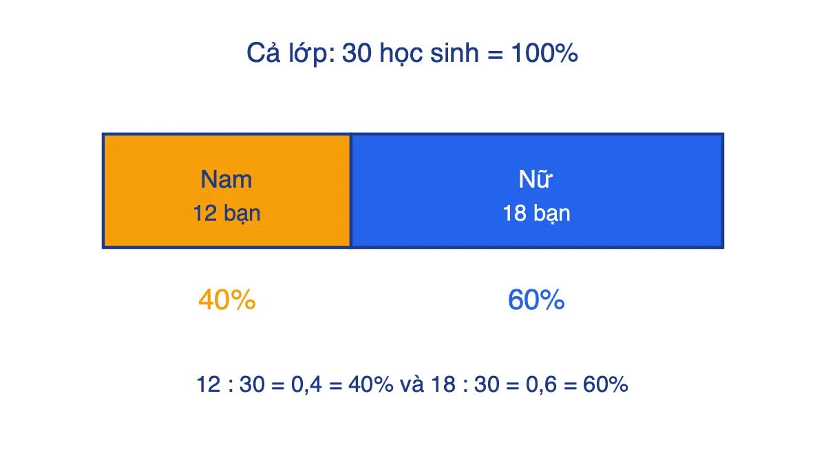 Thanh ngang chia cả lớp 30 học sinh thành 12 bạn nam chiếm 40% và 18 bạn nữ chiếm 60%