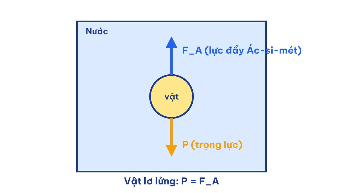 Sơ đồ lực tác dụng lên vật lơ lửng trong nước: trọng lực P hướng xuống và lực đẩy Ác-si-mét hướng lên