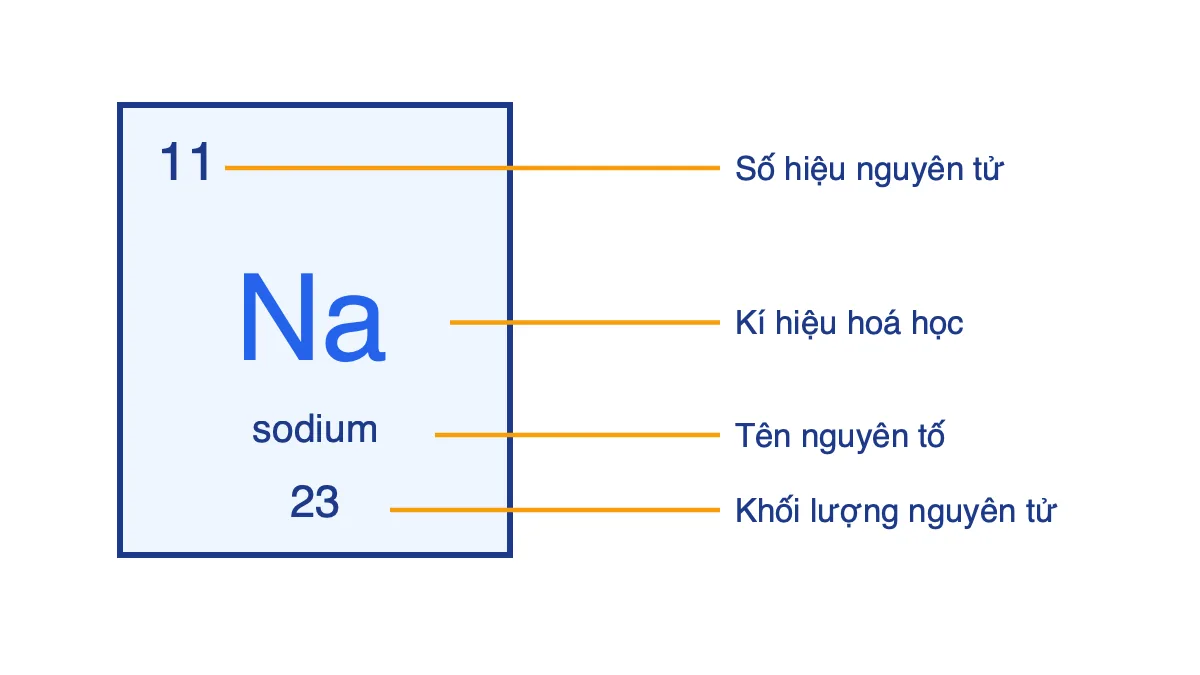 Ô nguyên tố natri với số hiệu 11, kí hiệu Na, tên sodium và khối lượng 23
