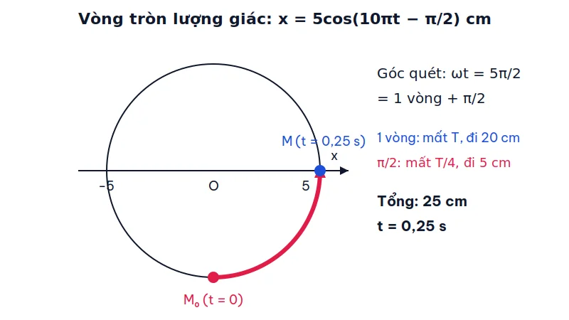 Vòng tròn lượng giác bán kính 5 cm, điểm M₀ ở vị trí thấp nhất lúc t = 0, cung màu đỏ quay một phần tư vòng tới biên dương, kèm chú thích góc quét 5π/2 ứng với 25 cm và 0,25 s