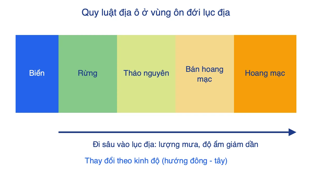Sơ đồ cảnh quan thay đổi từ bờ biển vào trung tâm lục địa: rừng, thảo nguyên, bán hoang mạc, hoang mạc