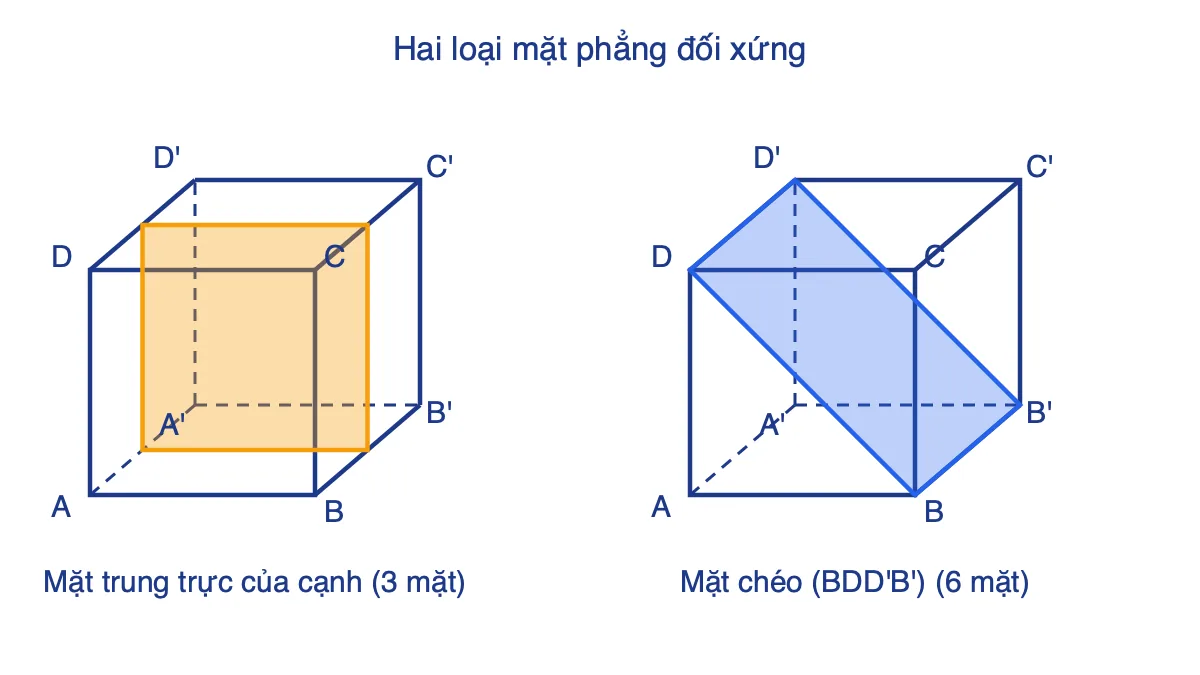 Hai hình lập phương minh hoạ mặt phẳng trung trực của cạnh và mặt phẳng chéo