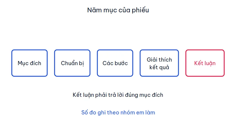 Năm mục lần lượt của phiếu báo cáo kết quả thí nghiệm