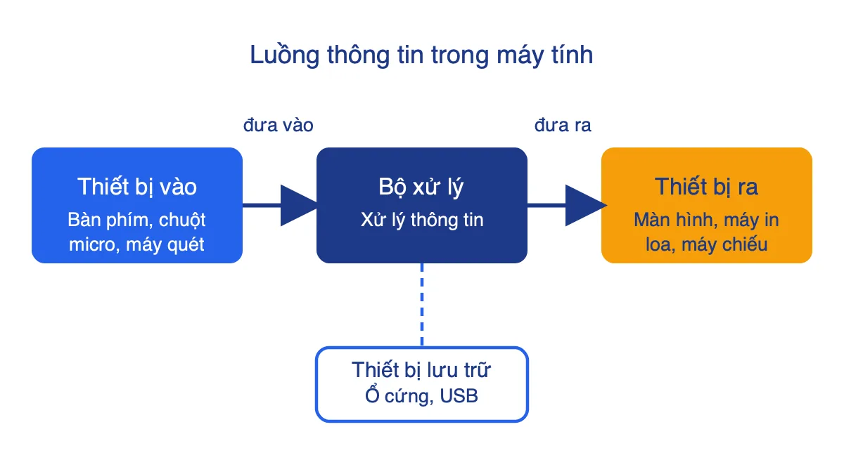 Sơ đồ thiết bị vào đưa thông tin tới bộ xử lý rồi đến thiết bị ra, có bộ nhớ và thiết bị lưu trữ
