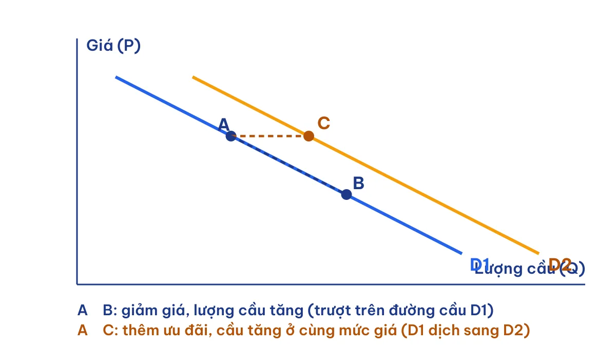 Đồ thị đường cầu minh họa ưu đãi cuối năm của doanh nghiệp ô tô: giảm giá và dịch chuyển đường cầu
