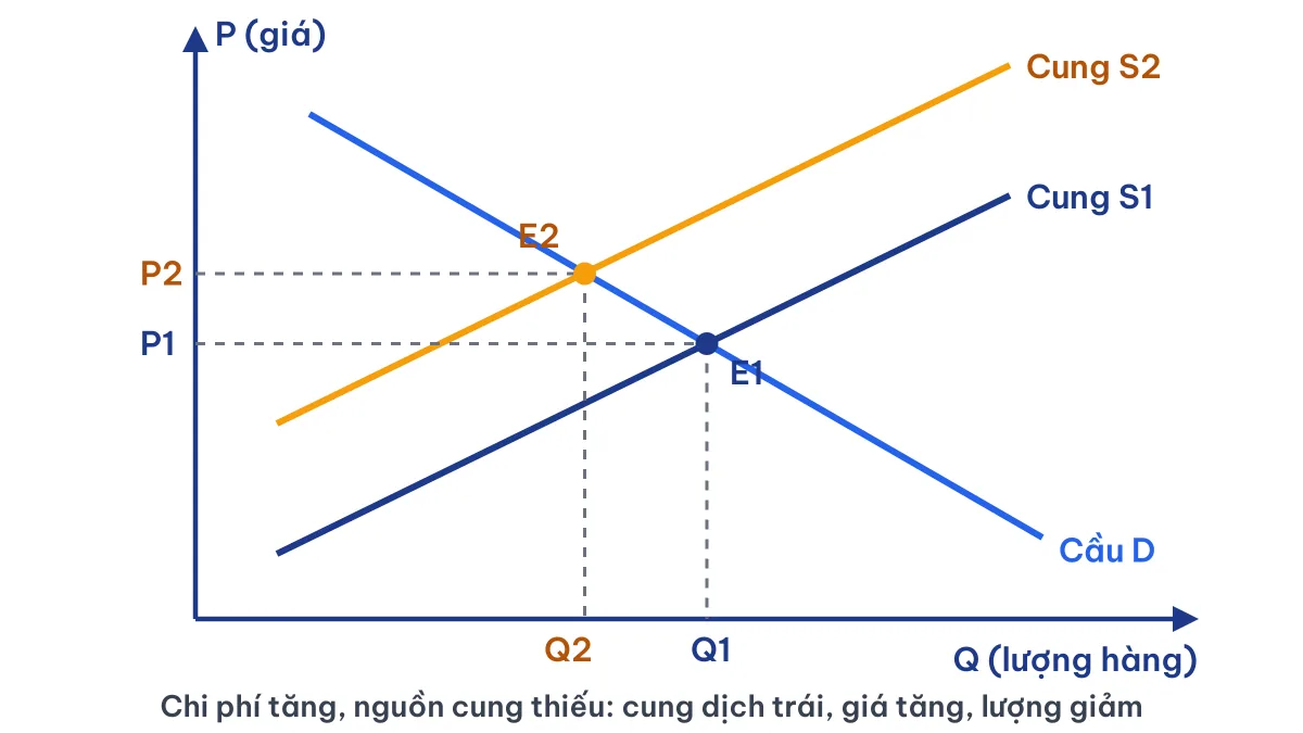 Đồ thị cung cầu: giá xăng dầu thế giới tăng làm đường cung dịch sang trái, giá cân bằng tăng, lượng giảm