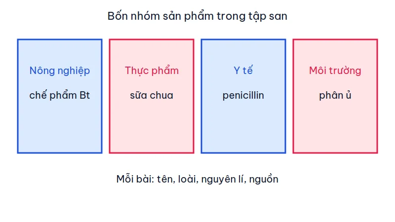 Sơ đồ bốn nhóm sản phẩm trong tập san: nông nghiệp với chế phẩm Bt, thực phẩm với sữa chua, y tế với penicillin và môi trường với phân ủ