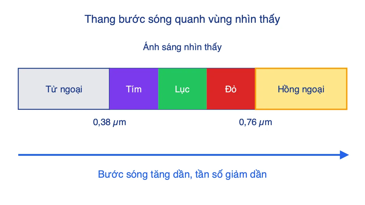 Trục bước sóng tăng dần từ tia tử ngoại, ánh sáng nhìn thấy từ tím đến đỏ, rồi tia hồng ngoại