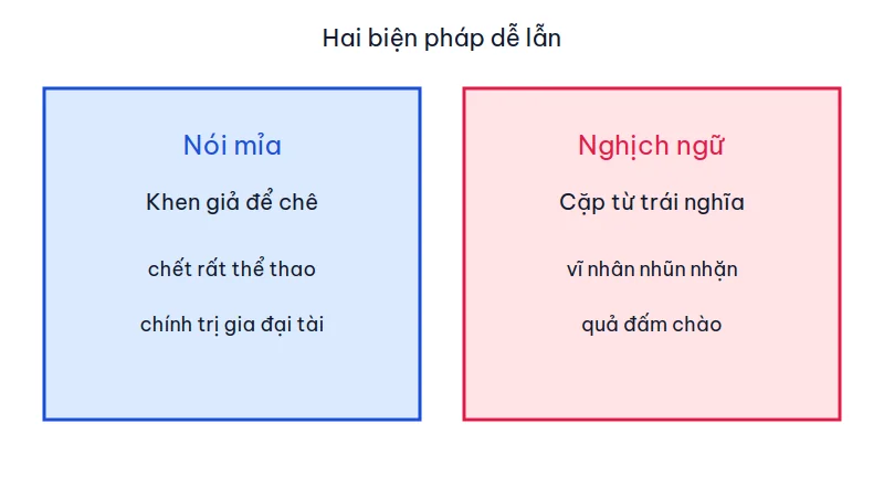 Hai cột so sánh nói mỉa và nghịch ngữ với ví dụ ngắn