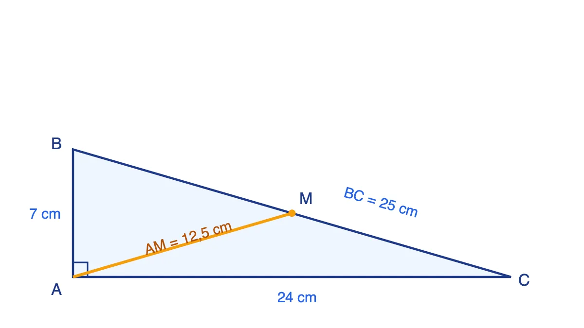 Tam giác ABC vuông tại A, AB = 7 cm, AC = 24 cm, BC = 25 cm, M là trung điểm BC, AM = 12,5 cm