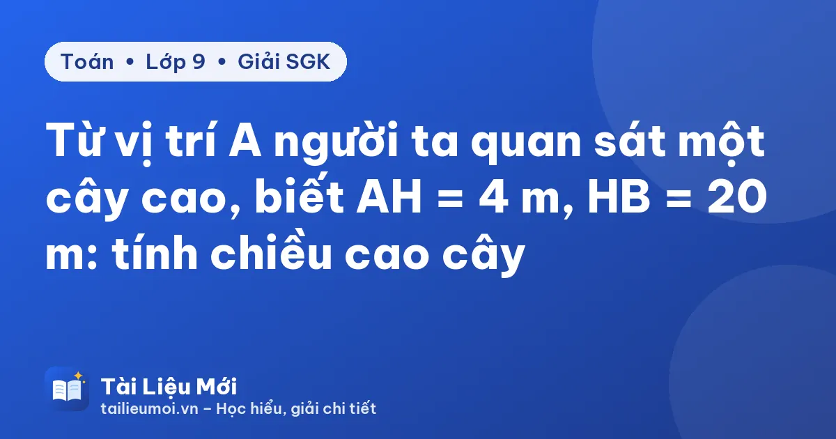 Từ vị trí A người ta quan sát một cây cao, biết AH = 4 m, HB = 20 m: tính chiều cao cây
