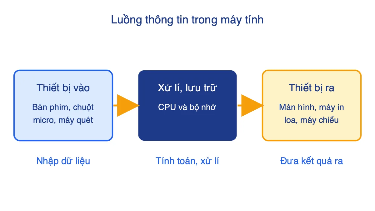 Sơ đồ ba khối: thiết bị vào, bộ xử lí và bộ nhớ, thiết bị ra, nối bằng mũi tên
