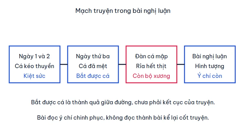 Bốn ô nối tiếp: hai ngày cá kéo thuyền, ngày thứ ba bắt được cá, cá mập để lại bộ xương, và ý chí trong bài nghị luận
