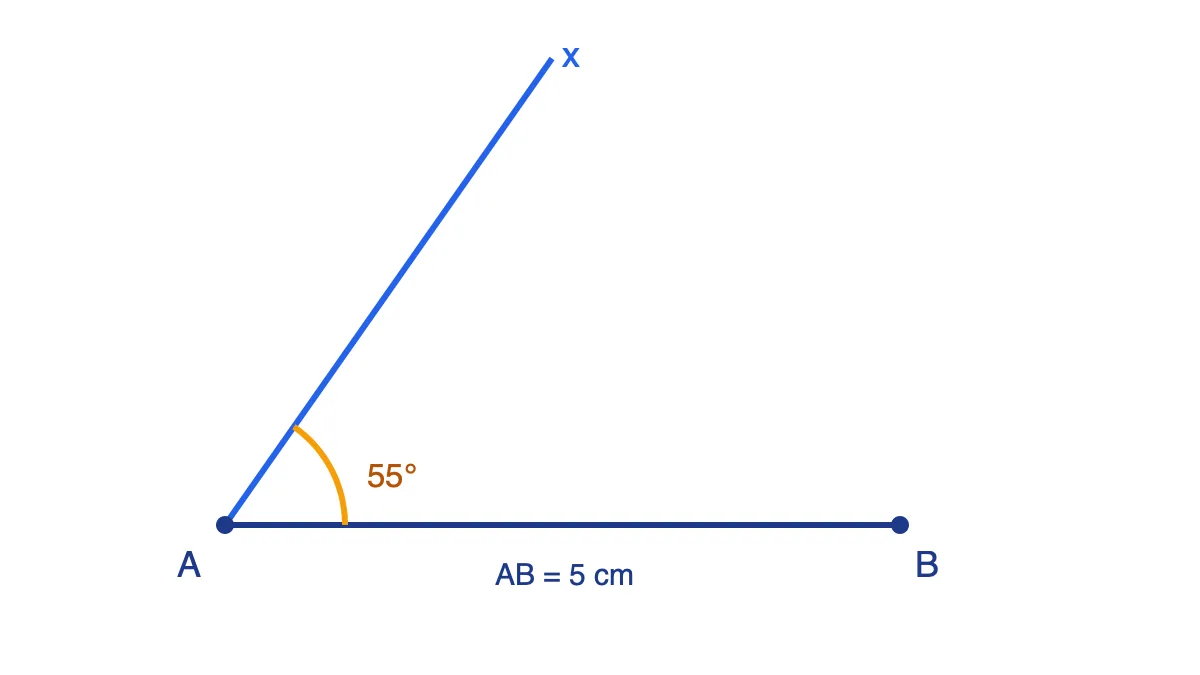 Đoạn thẳng AB và góc BAx bằng 55 độ có đỉnh A
