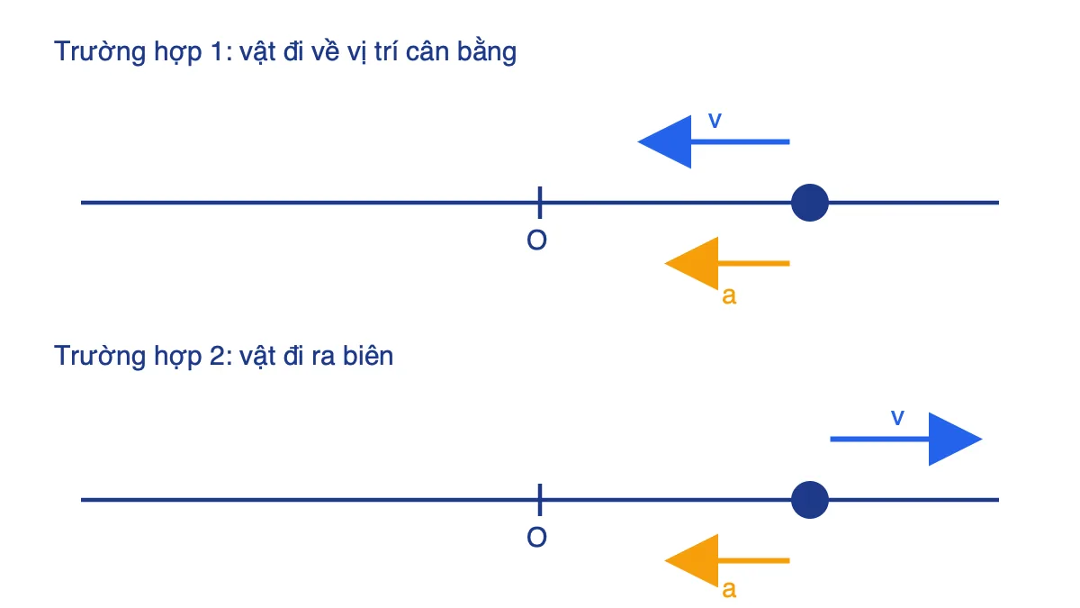 Sơ đồ chiều vận tốc và gia tốc của vật dao động điều hòa trong hai trường hợp đi vào và đi ra