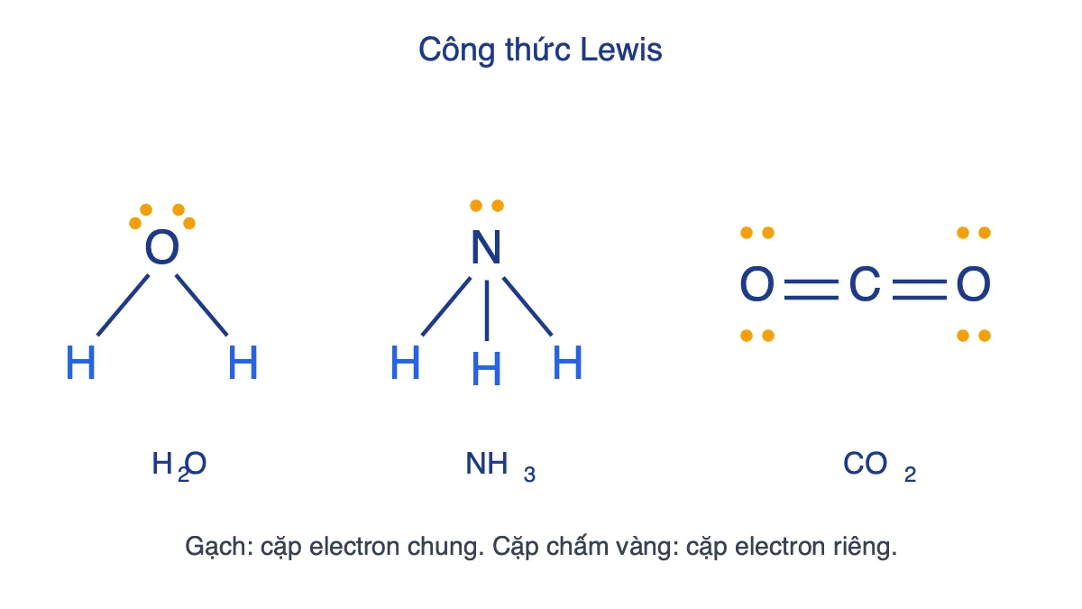 Công thức Lewis của H2O, NH3 và CO2 với liên kết là gạch nối và cặp electron riêng là các chấm